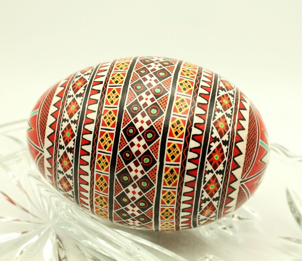 Goose Egg Pysanka, Red, Yellow, and White Batik Eggshell